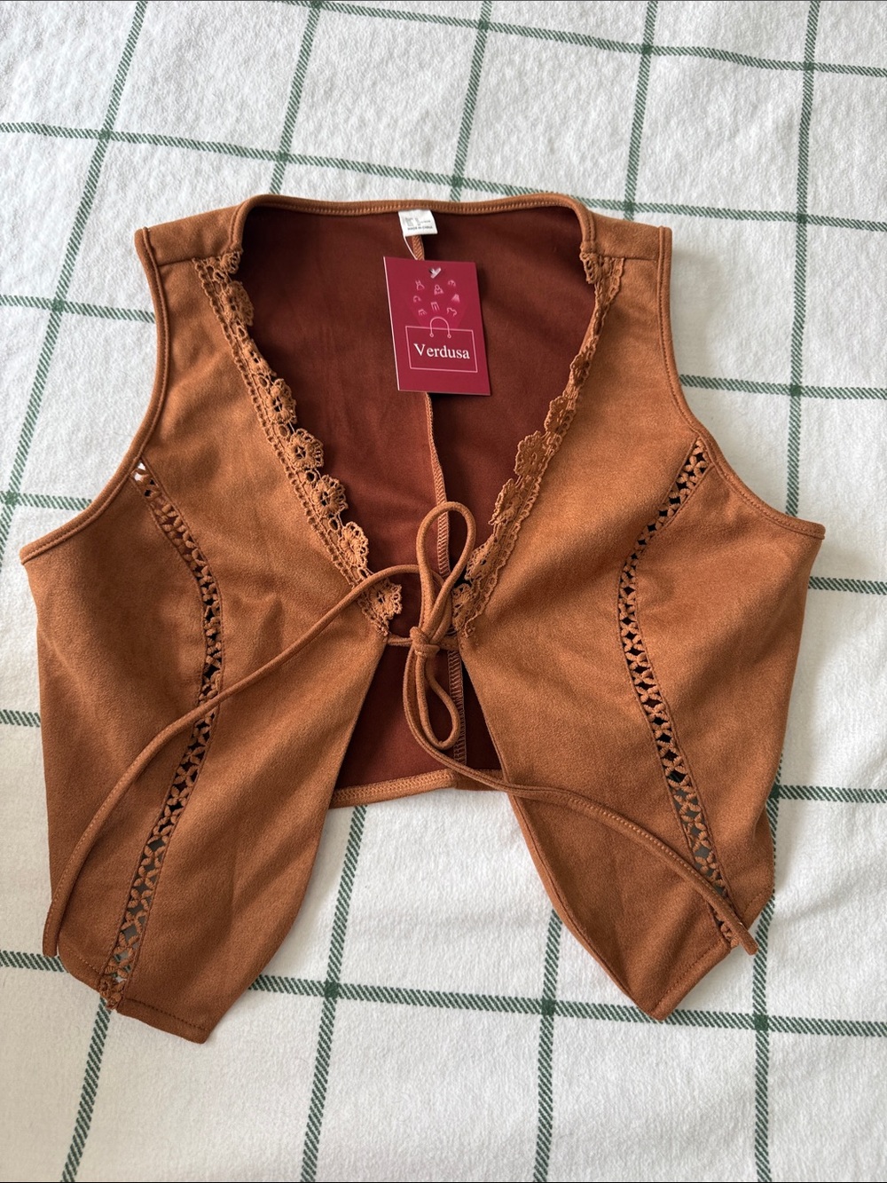 Verdusa Rust Brown Lace-Trim Tie-Front Vest